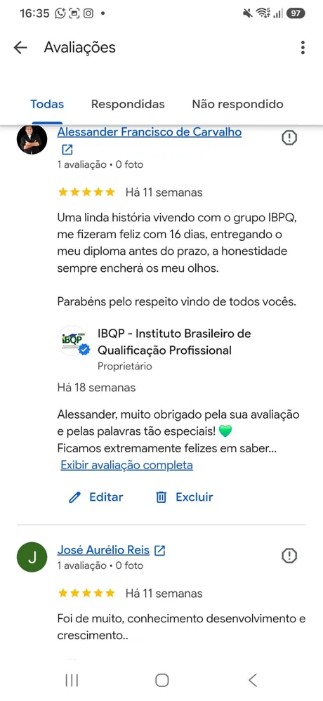 Avaliação 5 estrelas de aluno no Google