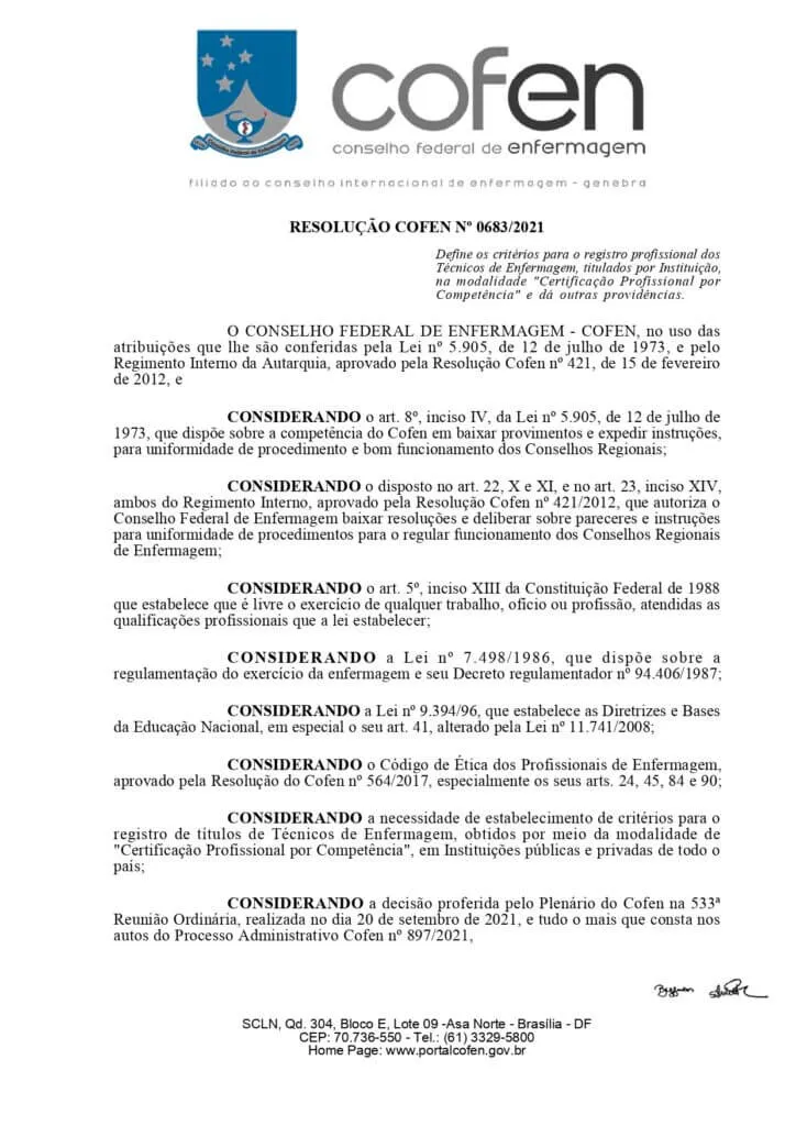 Página 1 da Resolução 683 do COFEN