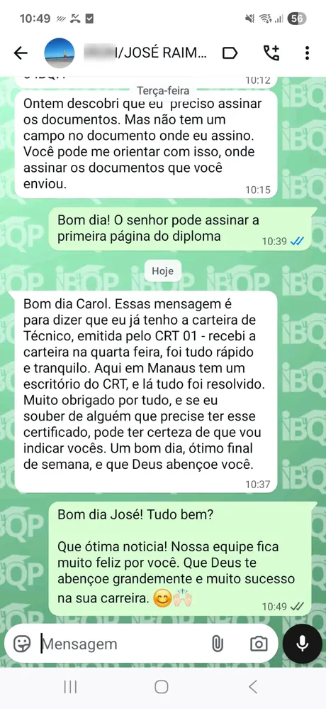 Mensagem de aluno agradecendo ao IBQP pela certificação (dados pessoais desfocados)